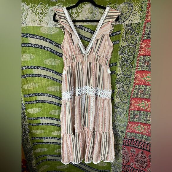 Hemant & Nandita Multicolored Cotton Pixie Fringe Midi Dress Size Medium - Picture 9 of 16